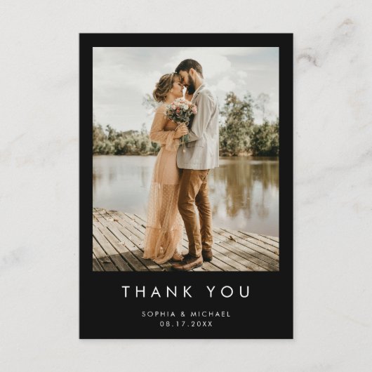 Einfache moderne Foto Black Wedding Dankeskarte (Vorderseite)