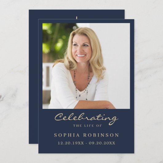 Einfache moderne Foto Gold Script Blue Memorial Ca Ankündigung (Vorne/Hinten)