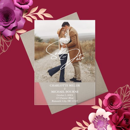 Einfache moderne Foto-Hochzeit spart das Datum Acryleinladungen