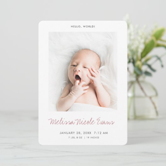 Einfache moderne Foto Rose Gold Baby Girl Birth Ankündigung (Stehend Vorderseite)