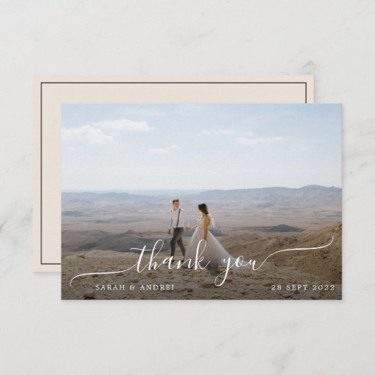 Einfache moderne Foto Script Boho Border Wedding Dankeskarte (Vorne/Hinten)