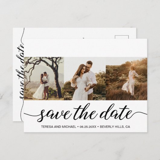 Einfache moderne Fotos Save the Date SkriptWedding Postkarte (Vorne/Hinten)