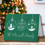 Einfache moderne frohe und helle Weihnachten<br><div class="desc">Einfache moderne, fröhliche und helle Weihnachtskarte. Eine perfekte Weihnachtskarte für den persönlichen (Familienname) oder geschäftlichen Gebrauch. 3 Ornamente, eins mit "Merry and Bright" in der Mitte. Die anderen beiden haben Winterszenen wie ein Weihnachtsbaum und der Weihnachtsmann und die Rentiere, die über einem Haus fliegen. Ein lustiges, aber einfaches und modernes...</div>