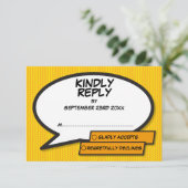 Einfache moderne Fun Comic Book Speech Blase RSVP Karte (Stehend Vorderseite)