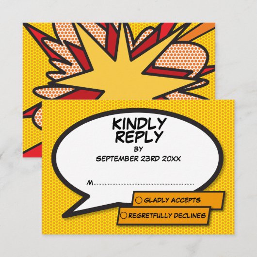 Einfache moderne Fun Comic Book Speech Blase RSVP Karte (Vorne/Hinten)