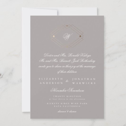 Einfache moderne geometrische Goldtaupe Gray Weddi Einladung (Vorderseite)