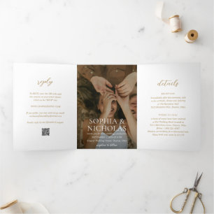 Einfache moderne Gold-Foto-Hochzeit Dreifach Gefaltete Einladung
