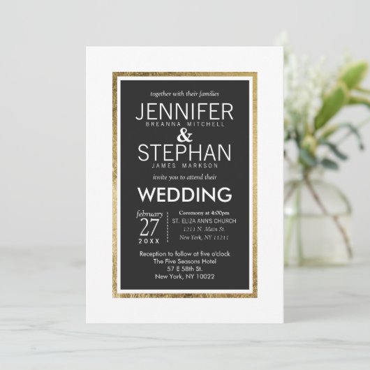 Einfache, moderne, goldgeflochtene Schwarze Hochze Einladung (Stehend Vorderseite)