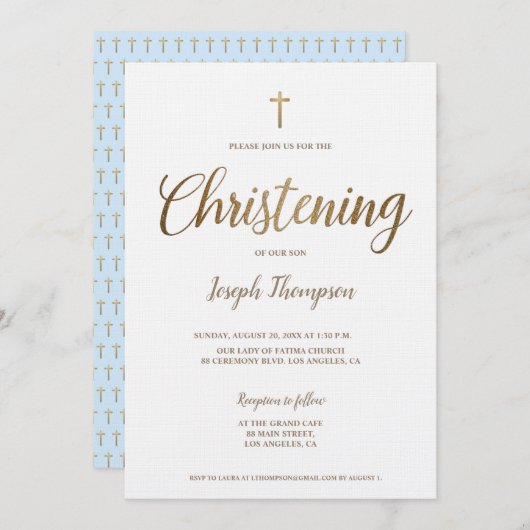 Einfache moderne Goldkreuz Junge blaue Weihnachten Einladung (Vorne/Hinten)