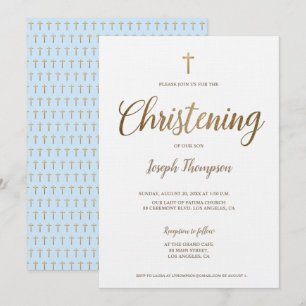 Einfache moderne Goldkreuz Junge blaue Weihnachten Einladung
