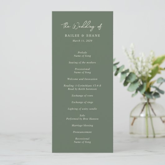 Einfache moderne grüne Hochzeit in Olivenfarbe Programm (Stehend Vorderseite)