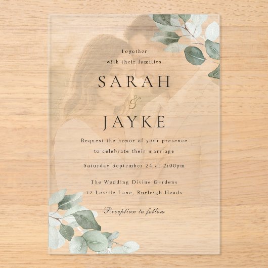 Einfache moderne Grüne Leaf-Hochzeit Acryleinladungen (Vorderseite)