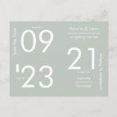 Einfache, moderne, grüne Typografie Save the Date Ankündigungspostkarte (Vorderseite)