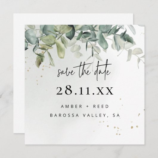 Einfache moderne Grünfläche & Goldene Grünfläche Save The Date (Vorne/Hinten)