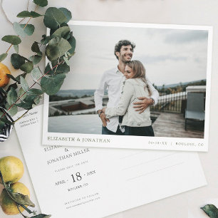 Einfache moderne Hochzeit im Foto retten das Datum Einladungspostkarte