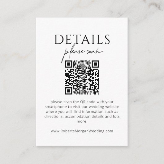 Einfache moderne Hochzeitsdetails mit QR-Code Begleitkarte (Vorderseite)