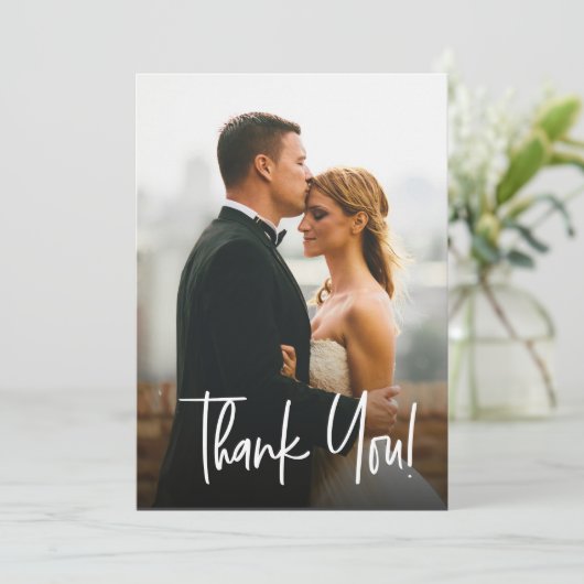 Einfache moderne Hochzeitsskripte für Fotos Dankeskarte (Stehend Vorderseite)