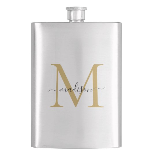 Einfache moderne Imitate Gold Monogram Girl Script Flachmann (Vorderseite)