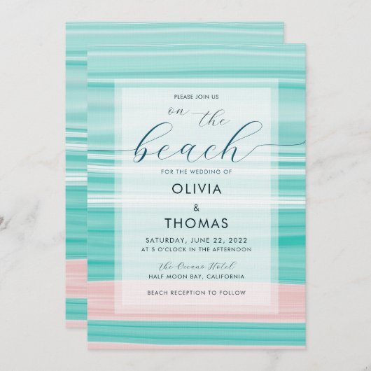 Einfache moderne Kalligrafie Aqua Pink Ocean Weddi Einladung (Vorne/Hinten)