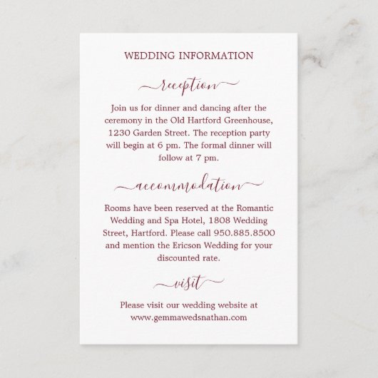 Einfache, moderne Kalligrafie Burgundy Wedding Det Begleitkarte (Vorderseite)