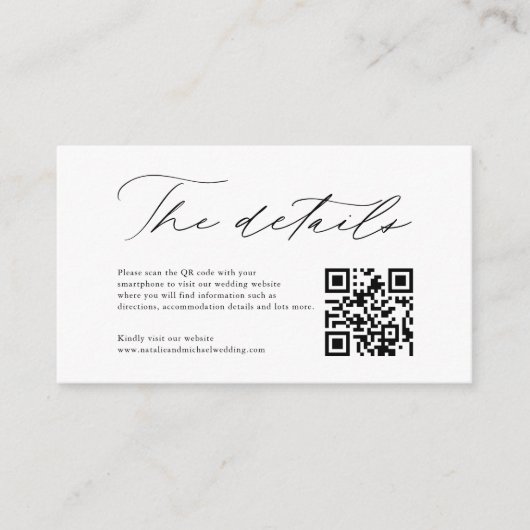 Einfache moderne Kalligrafie QR Code Hochzeitdetai Begleitkarte (Vorderseite)