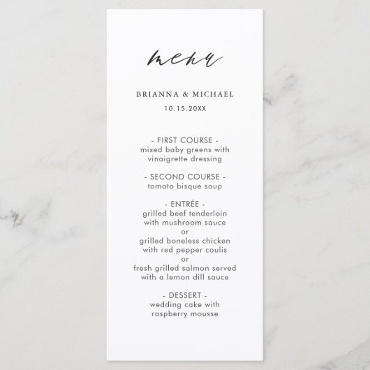 Einfache moderne kalligraphische Hochzeitmenü Menükarte (Vorderseite)