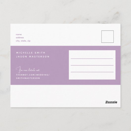 Einfache moderne Lavendelhochzeit rettet das Datum Postkarte (Rückseite)