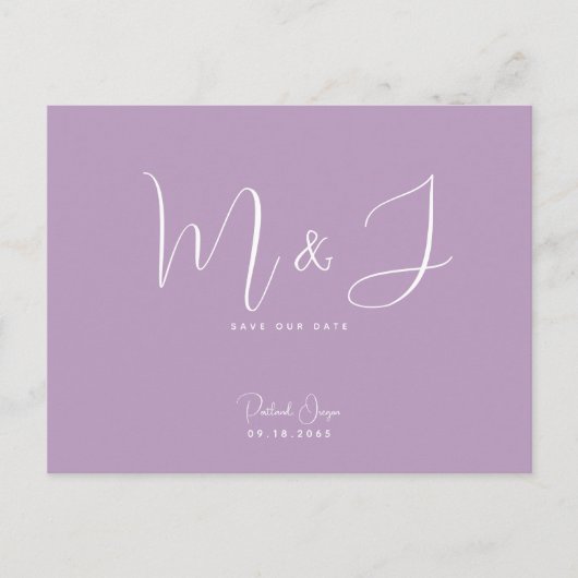 Einfache moderne Lavendelhochzeit rettet das Datum Postkarte (Vorderseite)
