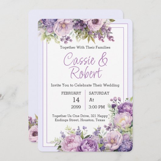 Einfache, moderne Lila Blumenhochzeit Einladung (Vorne/Hinten)