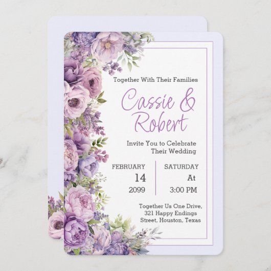 Einfache, moderne Lila Blumenhochzeit Einladung (Vorne/Hinten)