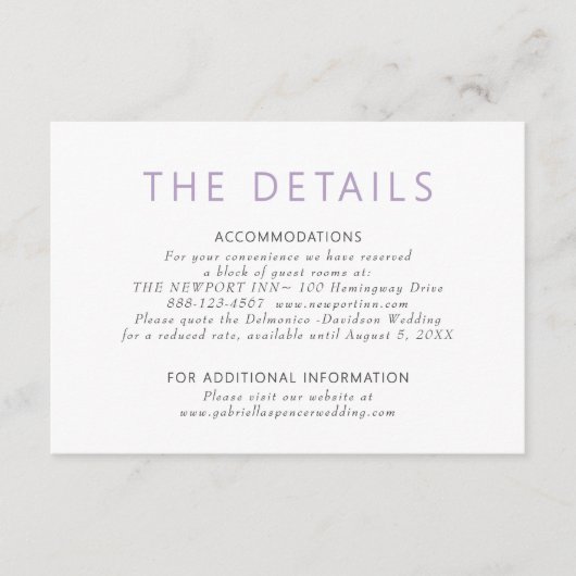 Einfache moderne Lila Hochzeitsdetails Begleitkarte (Vorderseite)