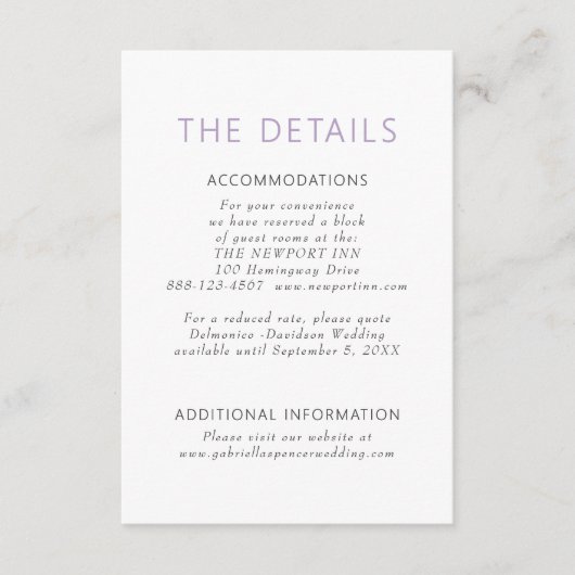 Einfache moderne Lila Hochzeitsdetails Begleitkarte (Vorderseite)