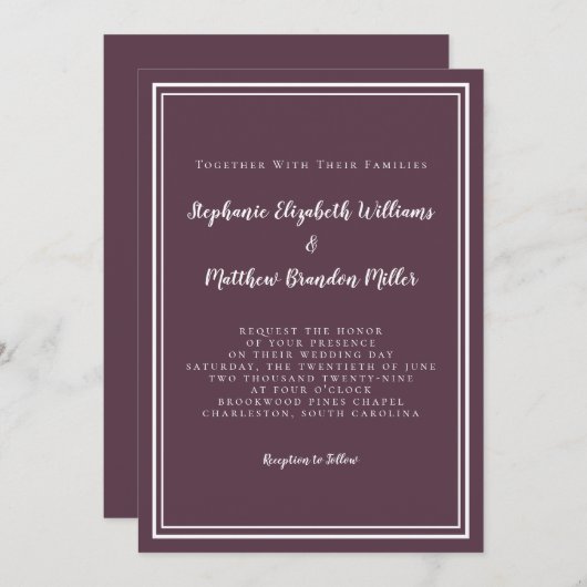 Einfache moderne Lila Pflaumenhochzeit Minimalisti Einladung (Vorne/Hinten)