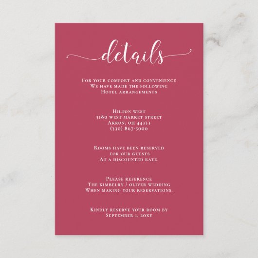 Einfache moderne Magenta Hochzeitskarte Begleitkarte (Vorderseite)