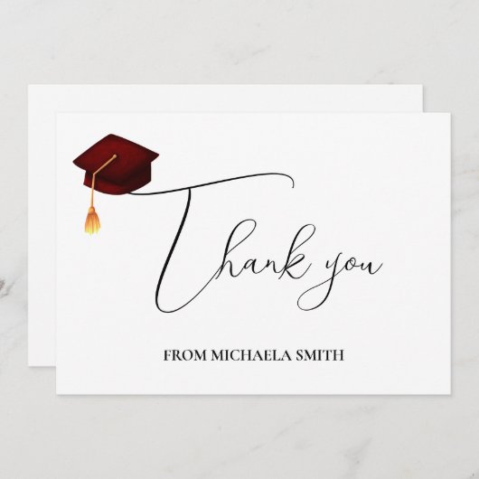 Einfache moderne Maroon Cap Script Abschluss Dankeskarte (Vorne/Hinten)