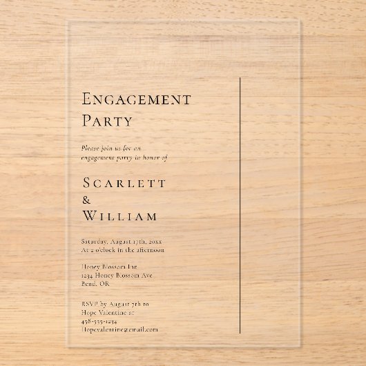 Einfache moderne Minimal-Engagement-Partei Acryleinladungen (Vorderseite)