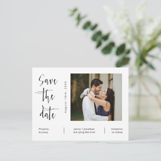 Einfache moderne Minimal-QR-Foto-Code Save the Dat Postkarte (Stehend Vorderseite)