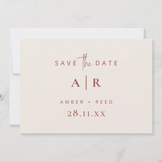 Einfache moderne Minimal Wedding Terracotta Script Save The Date (Vorderseite)