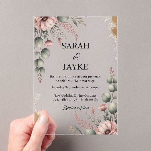 Einfache moderne minimale grüne Leaf Hochzeitsakry Acryleinladungen (Insitu (Handheld))