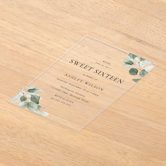 Einfache moderne minimale grüne Leaf Sweet 16 Part Acryleinladungen (Ablage )