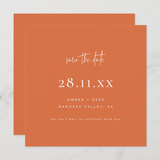 Einfache moderne Minimalistisch Square Burnt Orang Save The Date (Vorne/Hinten)