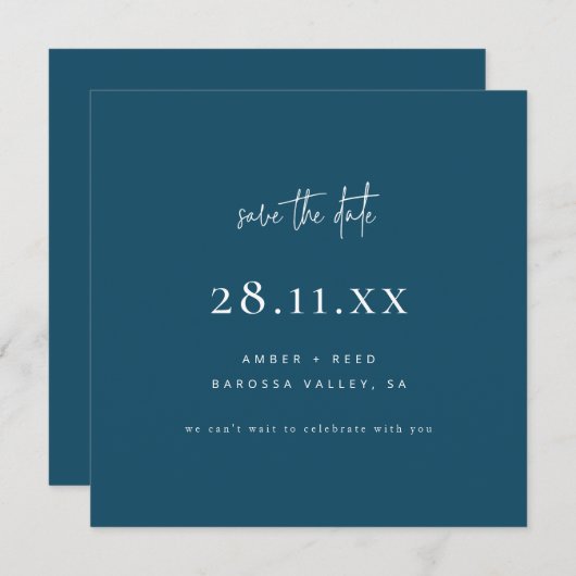 Einfache moderne Minimalistisch Square Peacock Blu Save The Date (Vorne/Hinten)