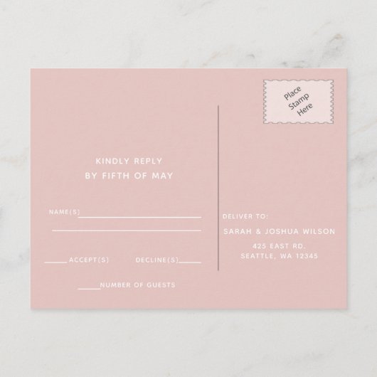 Einfache moderne Minimalistische Blush-Hochzeit Einladungspostkarte (Rückseite)