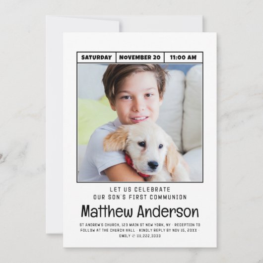 Einfache moderne Minimalistische Foto First Commun Einladung (Vorderseite)