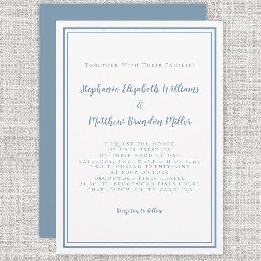 Einfache moderne Minimalistische Hochzeit mit blau Einladung