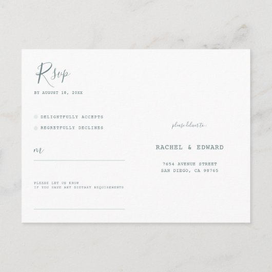 Einfache moderne Minimalistische Hochzeit RSVP Postkarte (Rückseite)