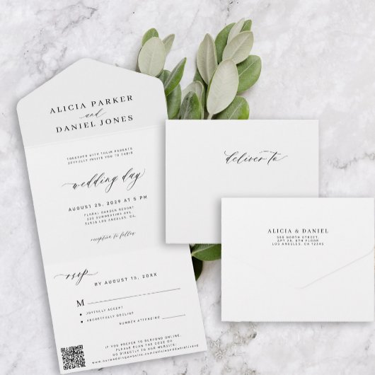 Einfache moderne minimalistische Hochzeit RSVP QR- All In One Einladung