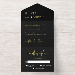 Einfache, moderne Minimalistische Schwarz   Hochze All-in-One-Einladung