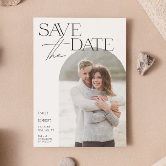 Einfache moderne Minimilast Arch Foto Hochzeit Save The Date
