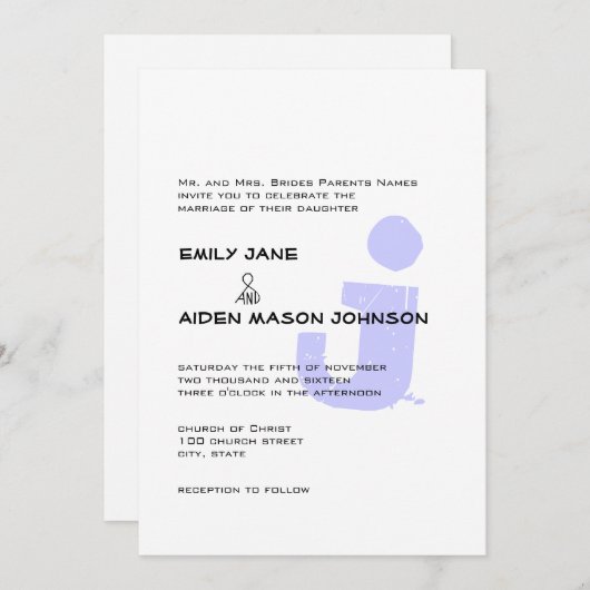Einfache moderne Mongram Periwinkle Wedding Einladung (Vorne/Hinten)